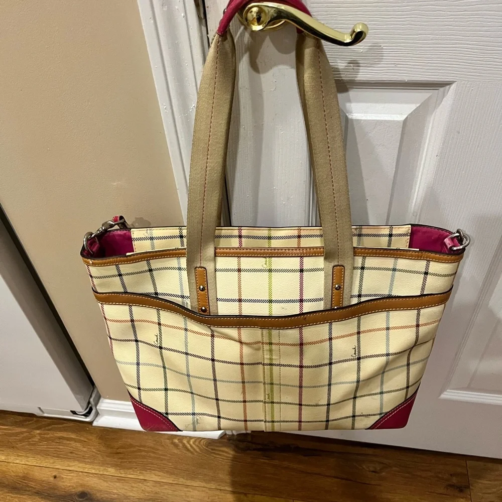 Coach Beige Plaid Canvas Laptop Tote with Pink Accent
